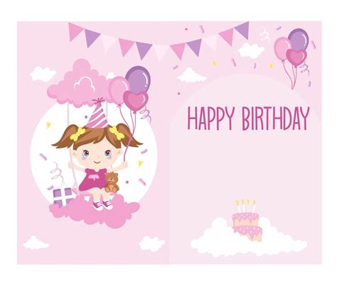 Premium Vector Birthday Card Pink Little Girl