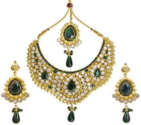 Islamic Green Kundan Necklace Set With Golden Accent