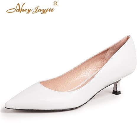 Women Pumps White Low Med Heels Thin Lady Shoes Female Shallow Hoof