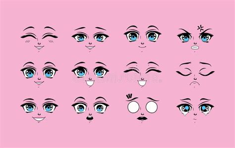 Twelve Anime Emotions Faces Stock Vector Illustration Of Japan Scary