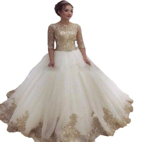 Luxury White And Gold Wedding Dress 2017 With Sleeves Plus Size