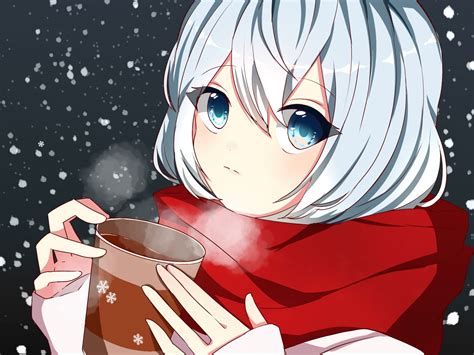 Anime Girl Drinking Hot Chocolate On A Cold Snowy Night Hd Wallpaper