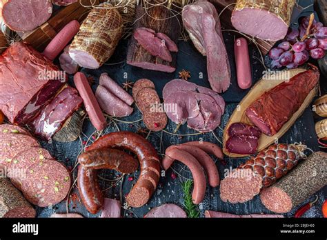 Smoked Meat Products Display Meats Cold Cuts And Sausages In A