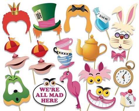 Alice In Wonderland Party Photo Booth Props Set Printable Pdf Mad