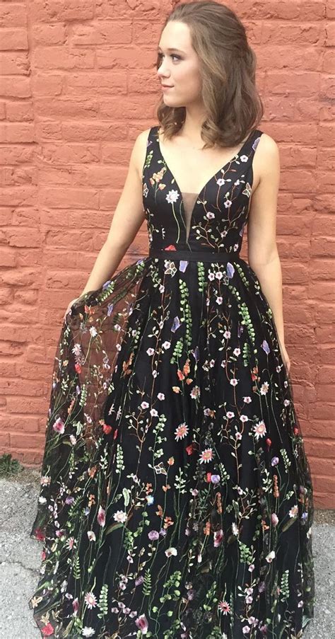 A Line Black Floral Embroidered Long Prom Dress Ball Gown 2019 Prom