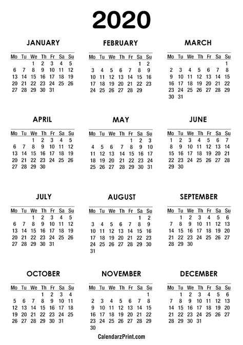 2020 Calendar Printable Monday Start Example Calendar Printable
