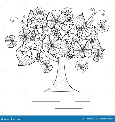 Blooming Tree With Butterfly For Coloring Book Cartoon Vector