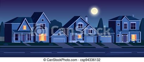 Street In Suburb District With Houses At Night Urban Or Suburban