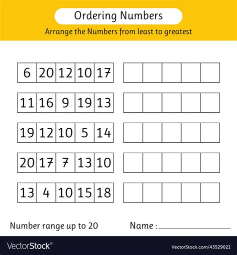 Ordering Numbers Worksheet Arrange The Numbers Vector Image