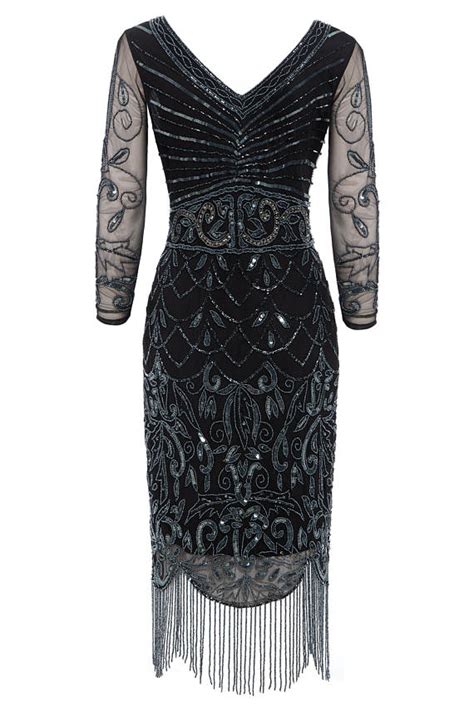 Tabitha Black Midi Embellished 1920s Gatsby Long Sleeve Flapper Dress
