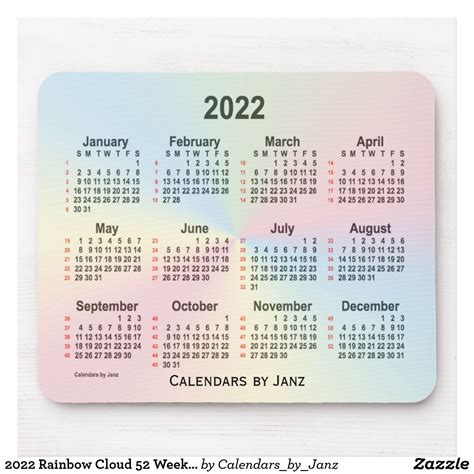 2022 Rainbow Cloud 52 Weeks Calendar By Janz Mouse Pad
