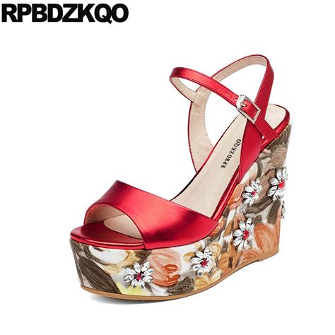 Pumps Peep Toe Jewel Wedge Red Shoes Platform High Heels Floral Print