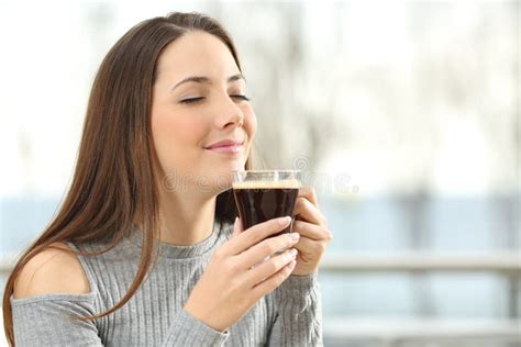 Woman Smelling Coffee Aroma Stock Image Image Of Beverage Dreaming 79515585