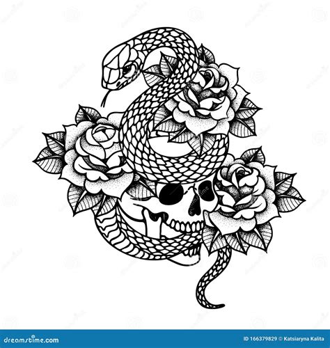 Tattoo With Roses And Snake Skull With Sacred Geometry Frame Stock