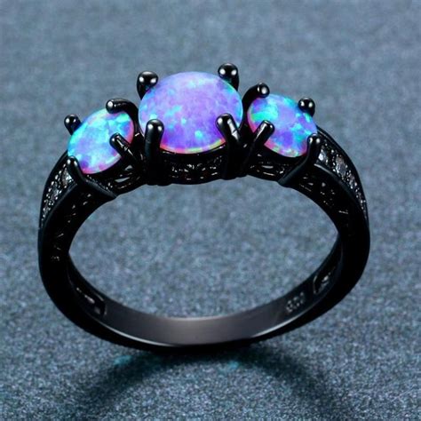 Pink Fire Opal Tri Stone Black Ring Black Opal Engagement Ring