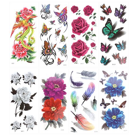8 Sheets Temporary Tattoo Rose Peony Flower Phoenix 3d Feather