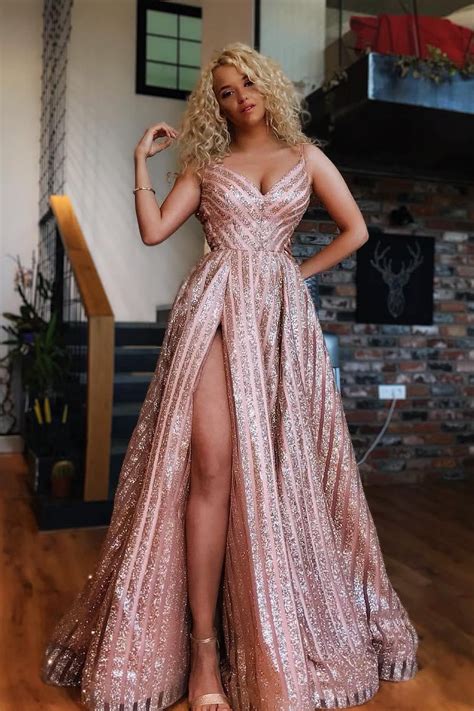 Rose Gold Sequins Long Prom Dresses V Neck Spaghetti Evening Dress