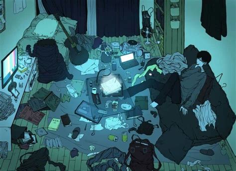 We came up with creative ways how to organize a messy room… so we have some corners like this in the kitchen area of the upper room living quarters and these would allow for some extra storage. Messy room! | Library artwork, Anime, Anime boy