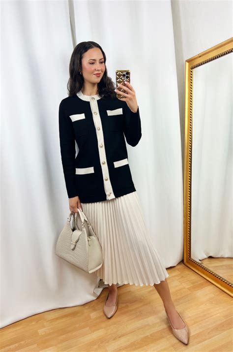 Black Trim Cardigan Outfit With Pleated Skirt In An Elegant Fashion