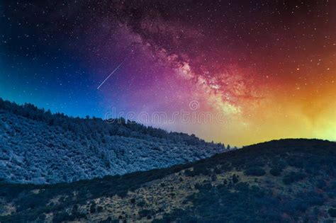 Mesmerizing Starry Sky Over The Country Landscape Stock Photo Image