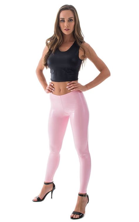 Womens Leggings Fashion Tights In Gloss Light Pink Stretch Vinyl
