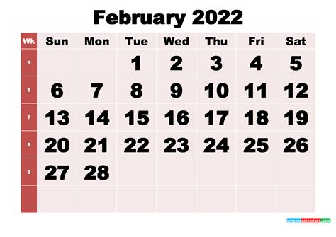 Free Printable Monthly Calendar February 2022