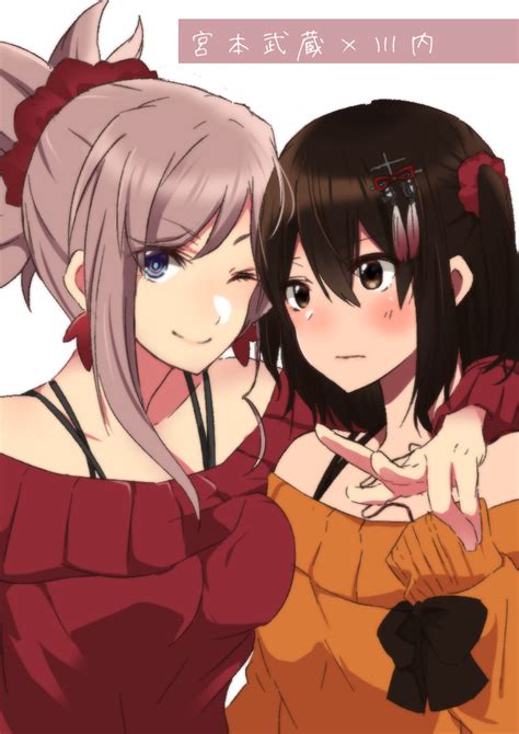 Safebooru 2girls Arm Around Neck Bangs Bare Shoulders Blue Eyes Blush Brown Hair Closed Mouth