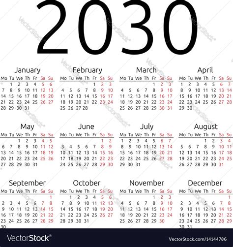 Simple Calendar 2030 Monday Royalty Free Vector Image