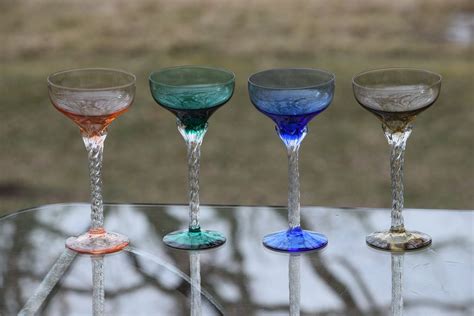 vintage cocktail glasses ~ set of 4 ~ multi colored ~ twisted stems ~ vintage cocktail coupes