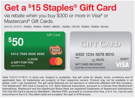 Maybe you would like to learn more about one of these? Expired Staples: Buy $300 in Visa or Mastercard Gift Cards and get $15 Rebate [11/5-11/11 ...