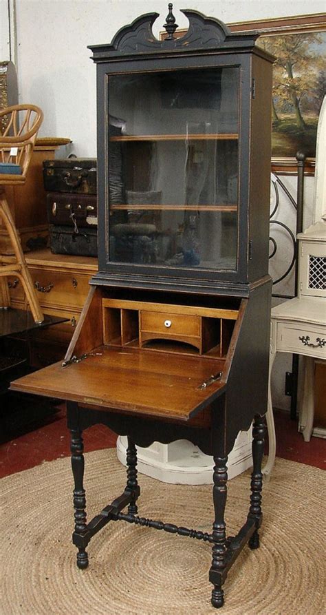 Antique secretary desk with hutch. Reclaimed Vintage Black Painted Highboy Small Secretary ...