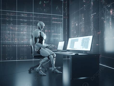 غرفة الكمبيوتر الروبوت الذكي معالجة البيانات خلفية الإعلان إنسان آلي