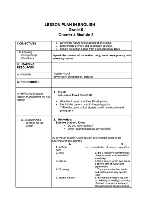 Lesson Plan Q4 M2 Outline Lesson Plan In English Grade 8 Quarter 4