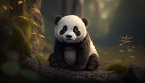 Premium Photo A Panda Sits On A Log In A Forest