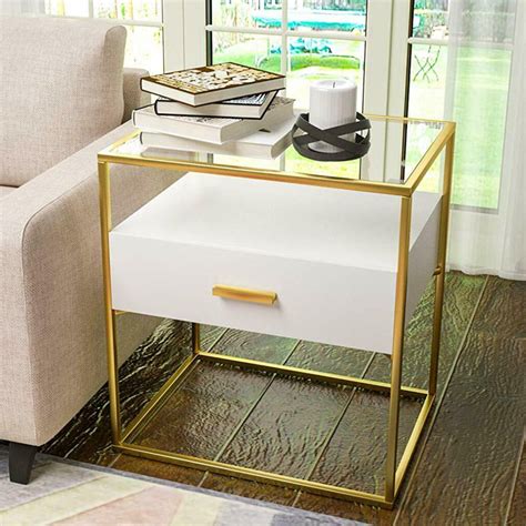 Mecor Gold Accent Tableend Table With Drawer Storagemetal Square Side