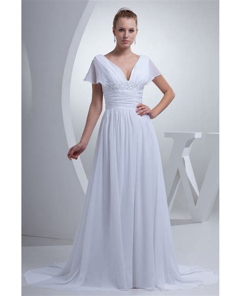 V Neck Long White Chiffon Elegant Wedding Dress With Sleeves OP4424
