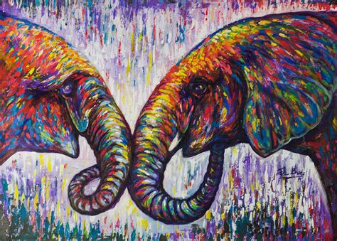 Signed Expressionist Painting Of Two Loving Elephants Love