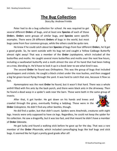 Free activity sheets kids printable worksheets kindergarten shelter. Reading Comprehension Worksheet - The Bug Collection