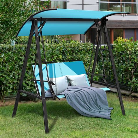 Gymax Patio Canopy Swing Outdoor Swing Chair 2 Person Canopy Hammock Turquoise