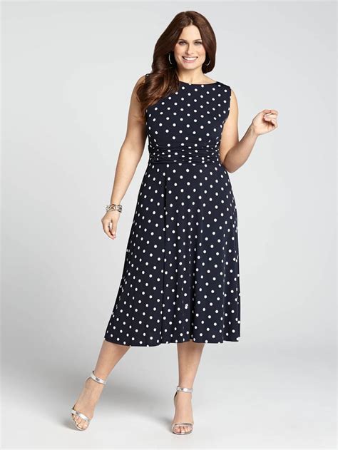 Laura Plus Polka Dot Print Ruched Waist Dress Navy And White Ruched