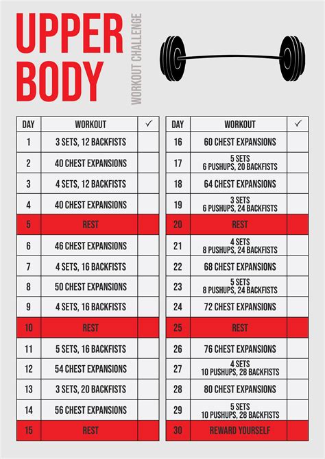 30 Day Upper Body Workout Challenge Chart In Illustrator Pdf