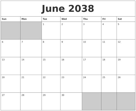 June 2038 Blank Printable Calendar