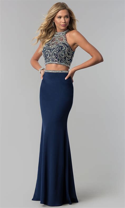 Navy Blue Long Embellished Top Two Piece Prom Dress