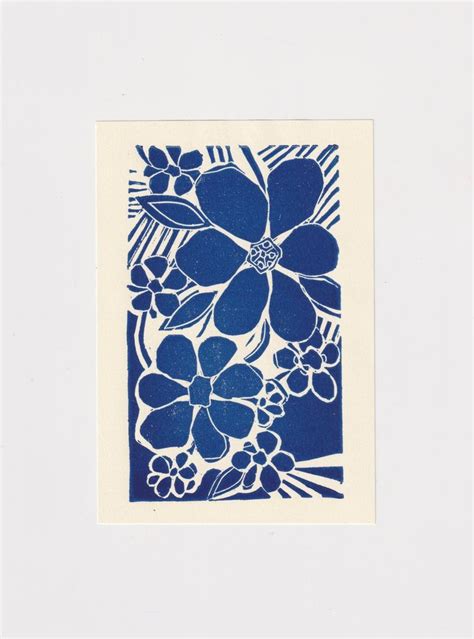 Linocut Print Flowers A6 Blue Original Lino Art Etsy Linocut