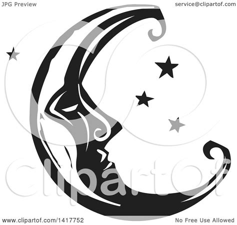 Clipart Of A Black And White Woodcut Crescent Moon With A Face
