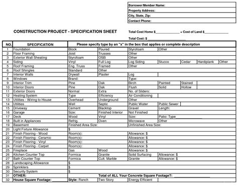 Excel Templates New Construction Spec Sheet