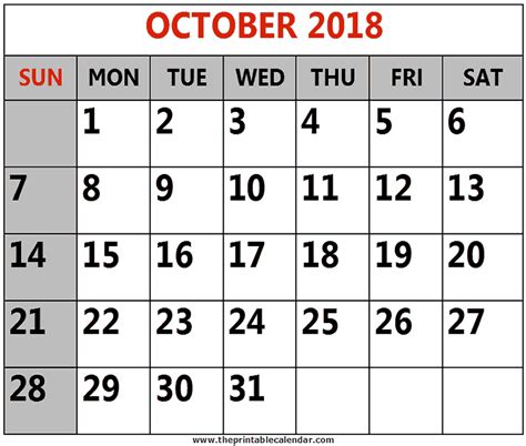 October 2018 Printable Calendars