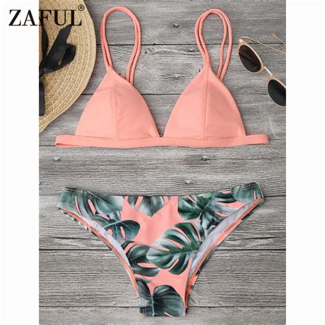 Zaful Bikini Women New Palm Leaf Print Cami Bikini Mid Waisted Spaghetti Straps Women Swimsuit