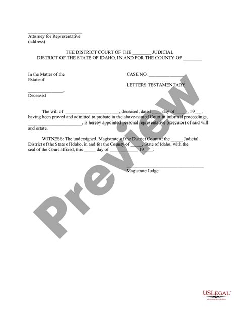 Letter Of Testamentary Idaho Forest Service Us Legal Forms