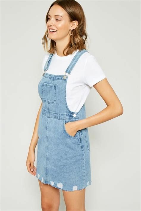 Distressed Style Overall Denim Dress With Side Pockets Dress Denim